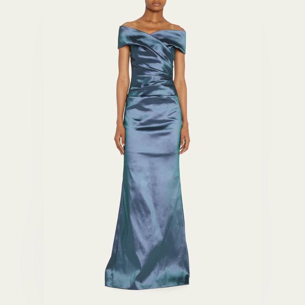 Rickie Freeman For Teri Jon Off-Shoulder Ruched Taffeta Gown in Slate US 4 $595